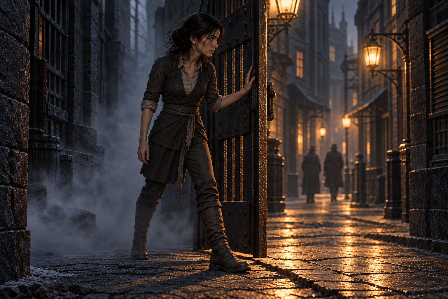 Vin pauses in an open iron gate with one foot in mist-shadow and one in a sparse lamp-lit Luthadel street, wearing simple mended ash-dusted clothes and a small glinting earring; two distant figures pass without noticing her.