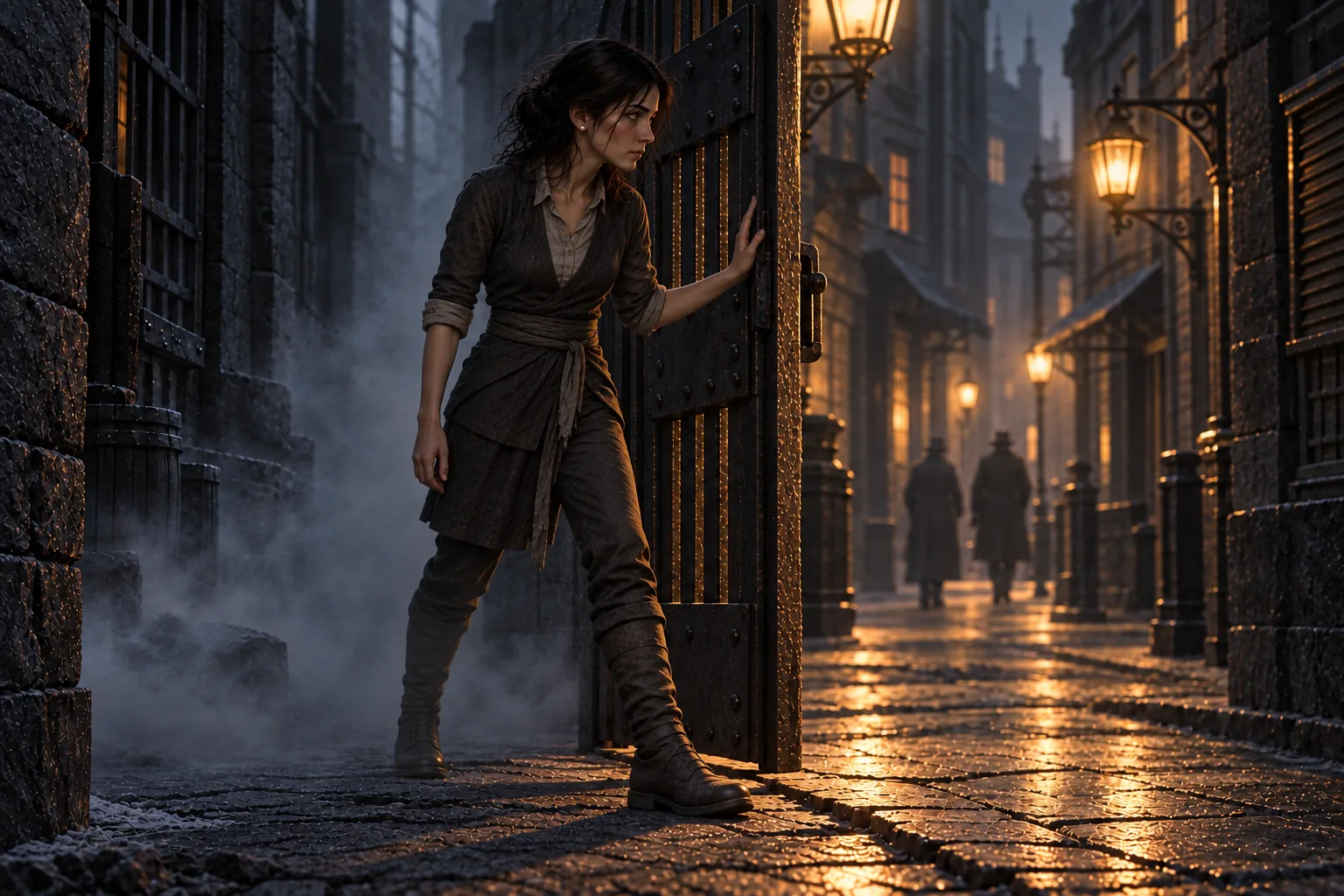 Vin pauses in an open iron gate with one foot in mist-shadow and one in a sparse lamp-lit Luthadel street, wearing simple mended ash-dusted clothes and a small glinting earring; two distant figures pass without noticing her.