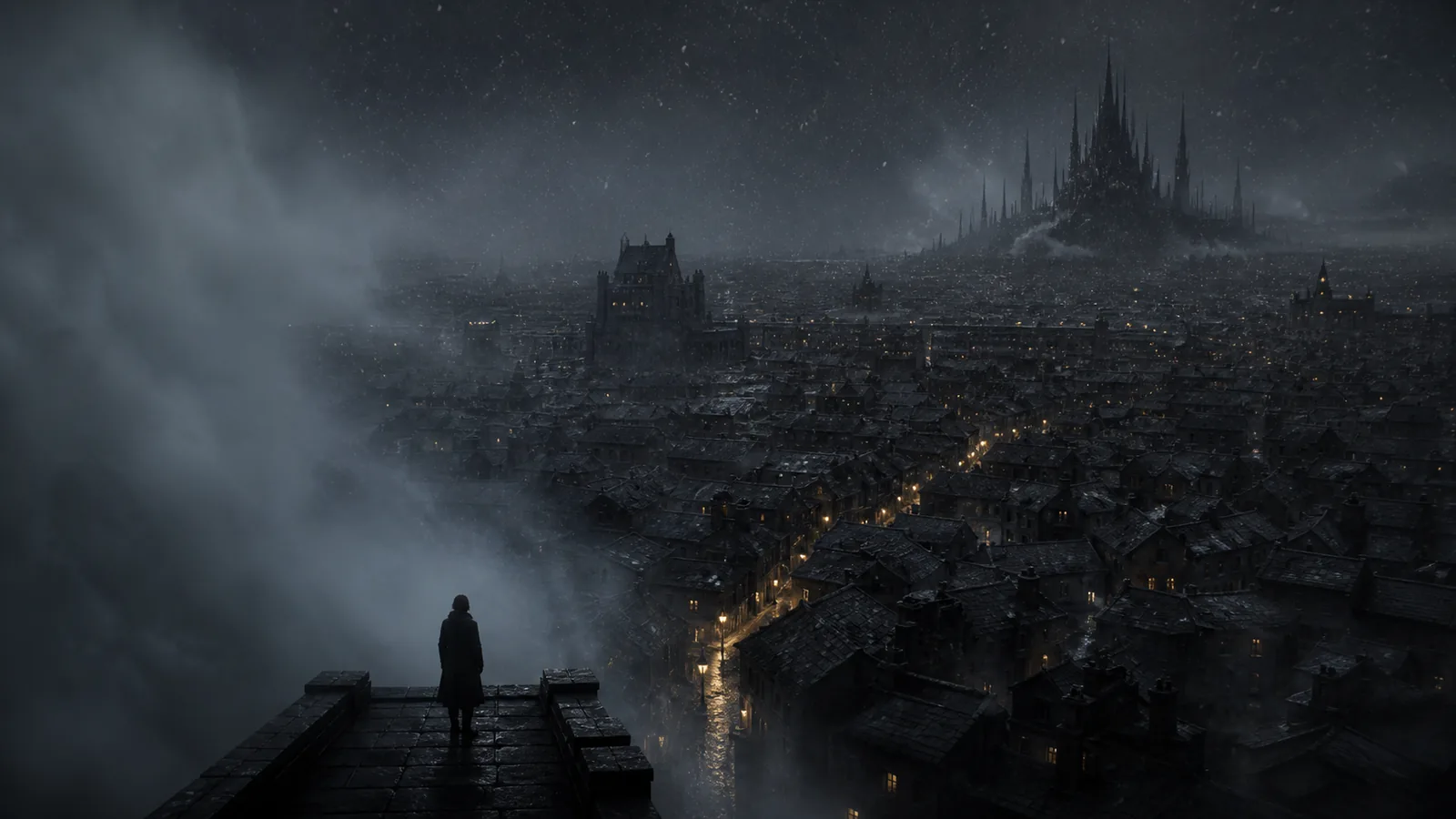 A small figure stands at the edge of cold mists above ash-dark Luthadel, where a narrow trail of warm windows leads through dense rooftops towards distant Kredik Shaw