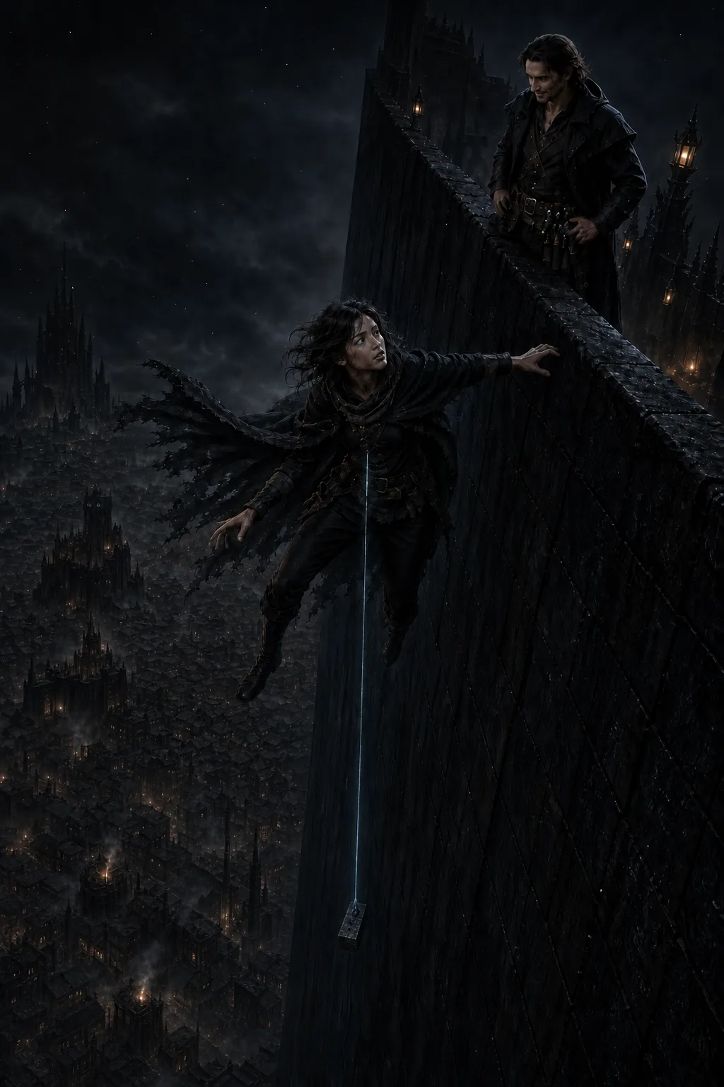 Vin climbs a dark wall above Luthadel as Kelsier watches from above; the city lights lie far below.