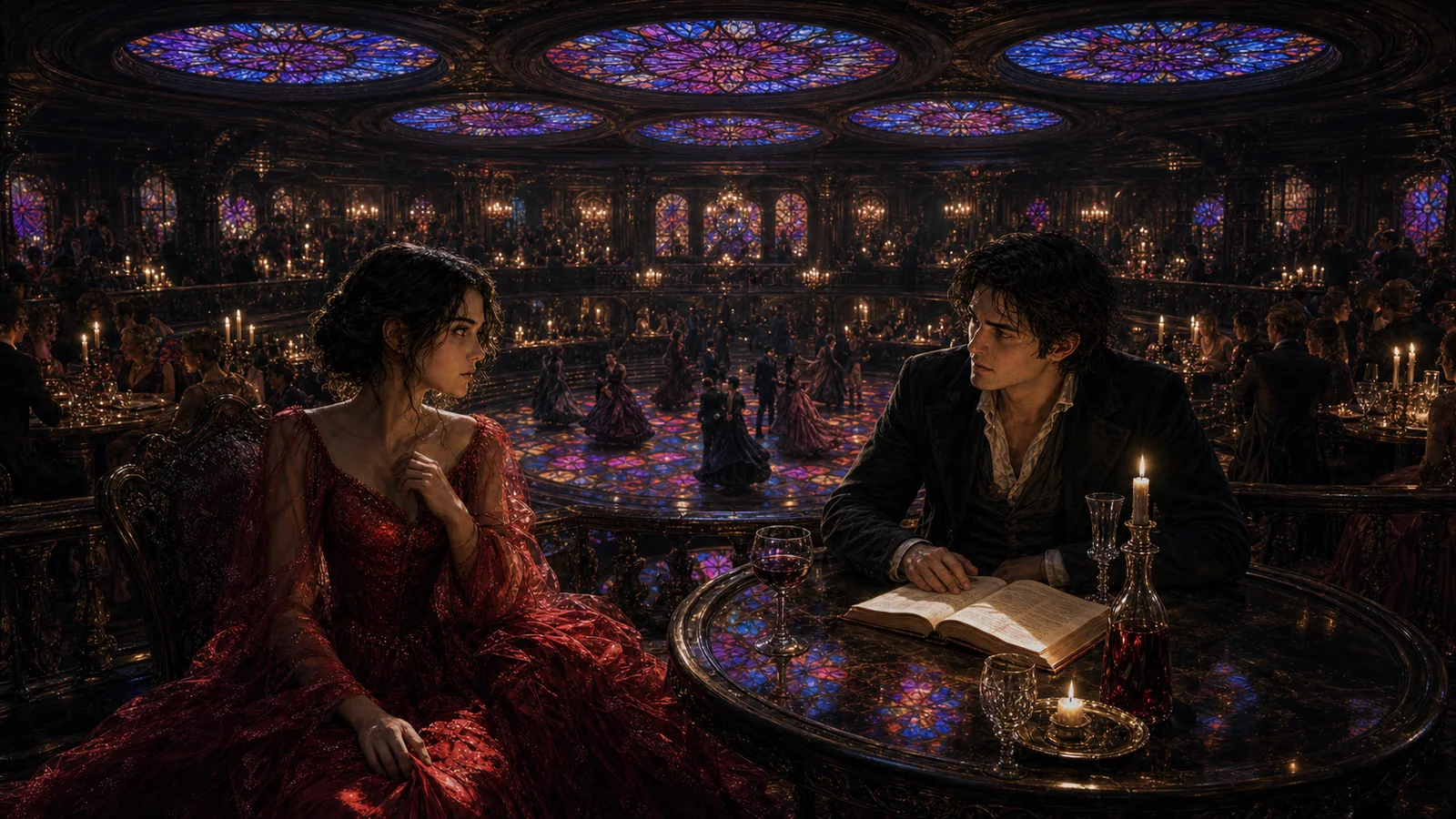 Vin in a red gown faces Elend across a candlelit table in a stained-glass ballroom.