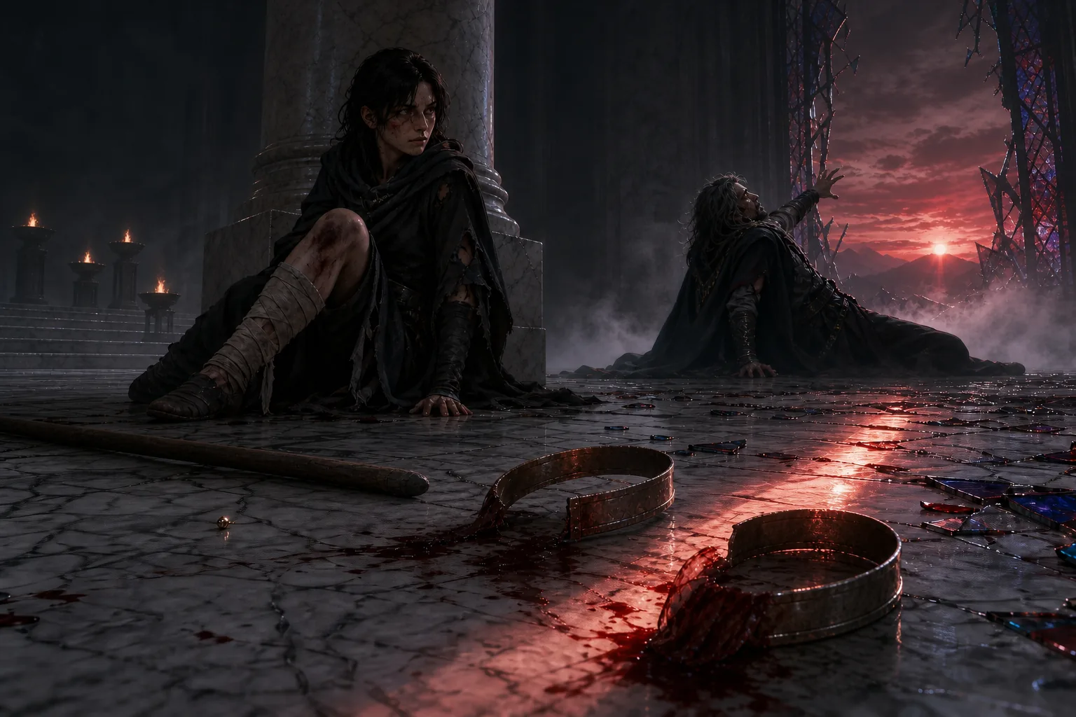Vin sits wounded by a column as Kelsier reaches towards the red sunset through a broken opening; metal bands lie in the foreground.