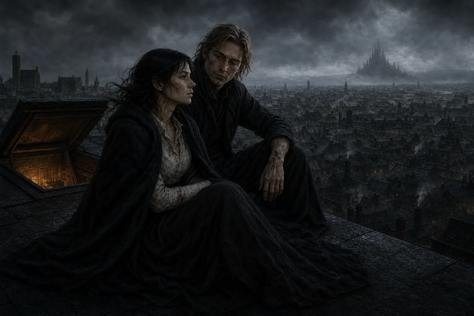 Vin and Kelsier sit wrapped in dark cloaks on a wet rooftop above Luthadel.