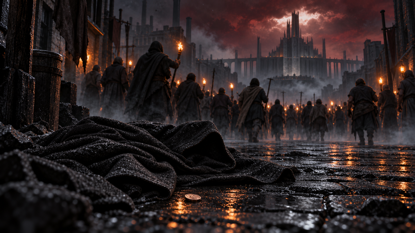 An empty charcoal mistcloak lies across wet black Luthadel stone beside a small metal coin; beyond it, anonymous skaa figures carrying warm lights move through ash and mist towards distant imperial towers beneath a bruised red sky.