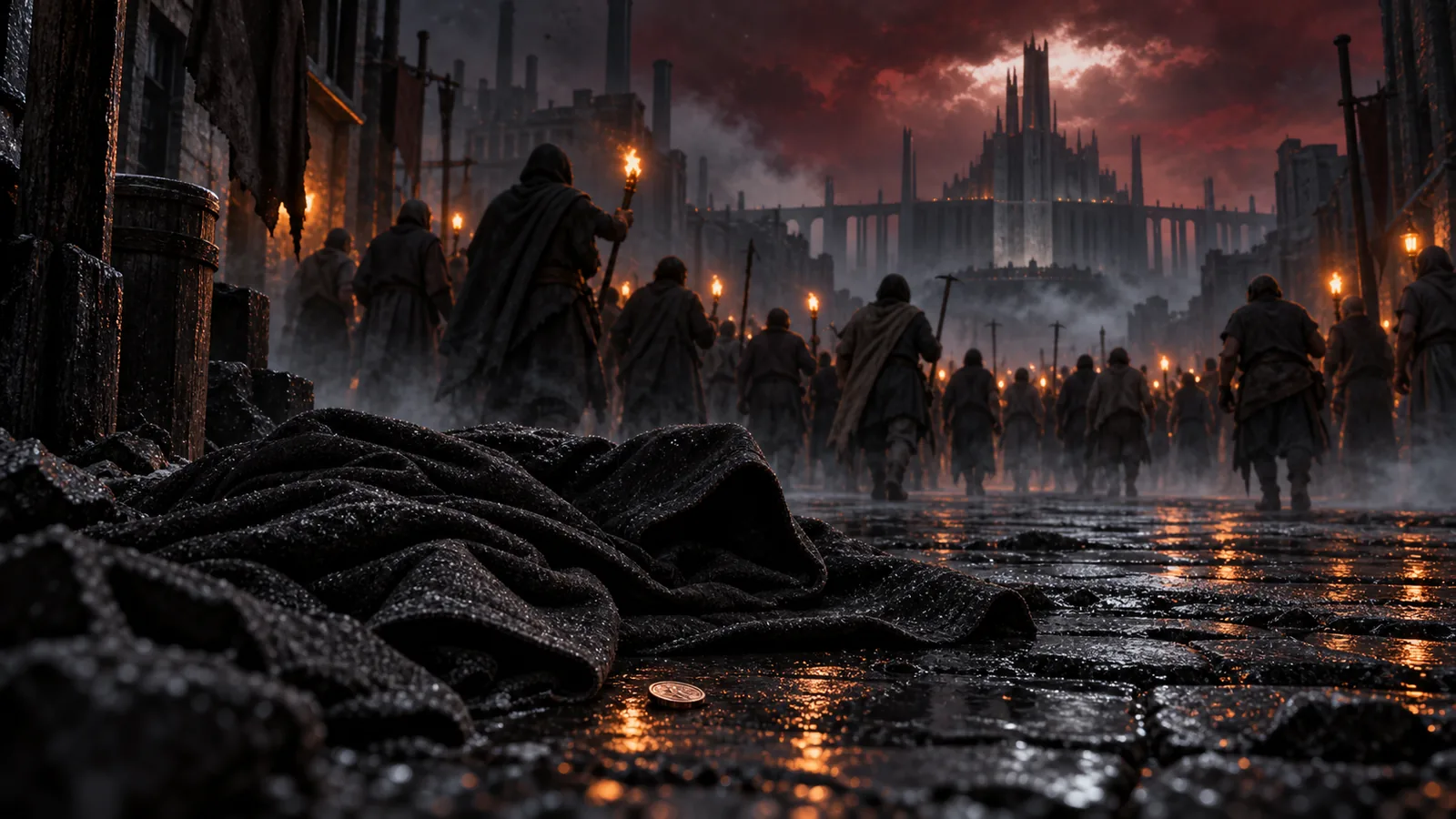 An empty charcoal mistcloak lies across wet black Luthadel stone beside a small metal coin; beyond it, anonymous skaa figures carrying warm lights move through ash and mist towards distant imperial towers beneath a bruised red sky.