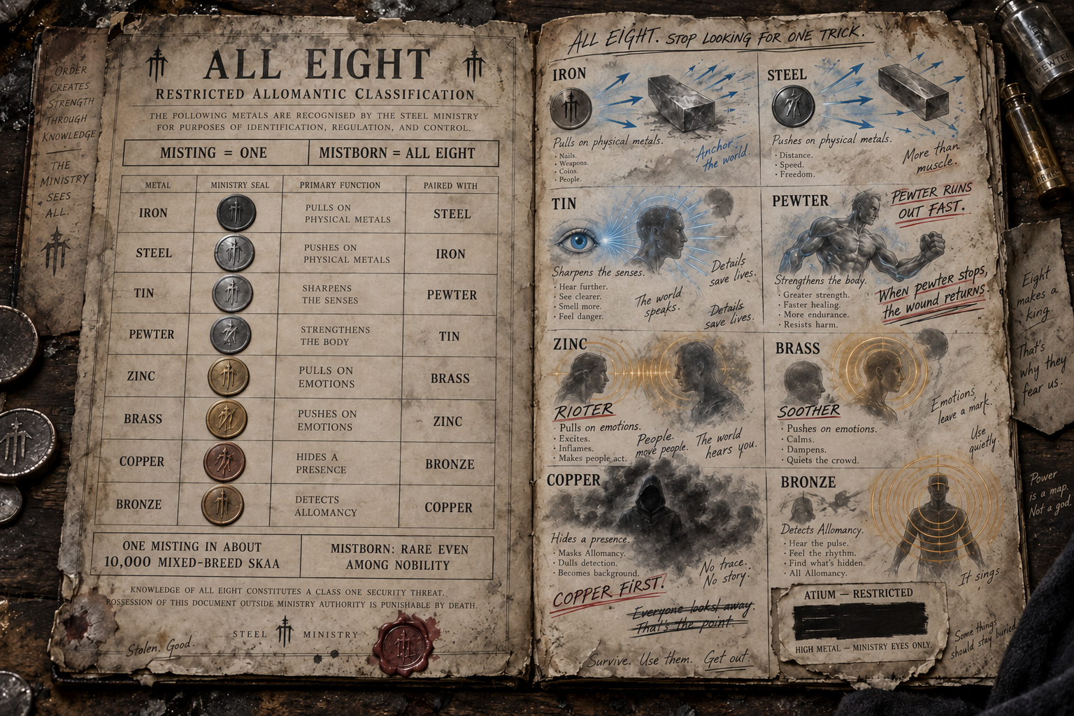An opened, months-used Steel Ministry folio titled All Eight shows the official Misting and Mistborn distinction on the left and a crew-annotated field guide on the right, with eight paired Allomantic powers, a rarity note, dynamic diagrams for movement and influence, and distinct inferable handwriting layered over faded bureaucratic ink.