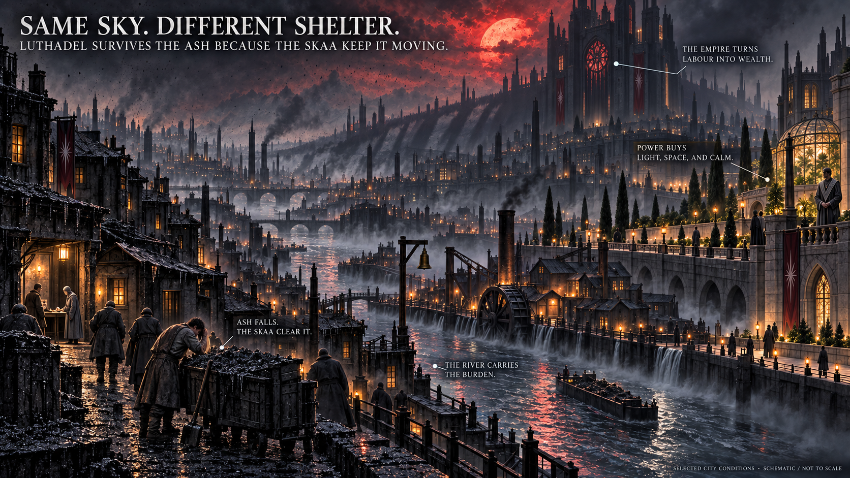 A luminous ash-gothic Luthadel plate under a crimson sun and starless ash sky: a dense skaa foreground with one exhausted ash worker and cart, a calm River Channerel carrying burden toward a restrained mill and work bell, and one spacious Great House clearing with a singular monolithic keep, stained-glass glow, rare greenery, and a Terris steward; an austere Steel Ministry building casts an irregular blue-black architectural shadow across rooftops, river, and noble ground.